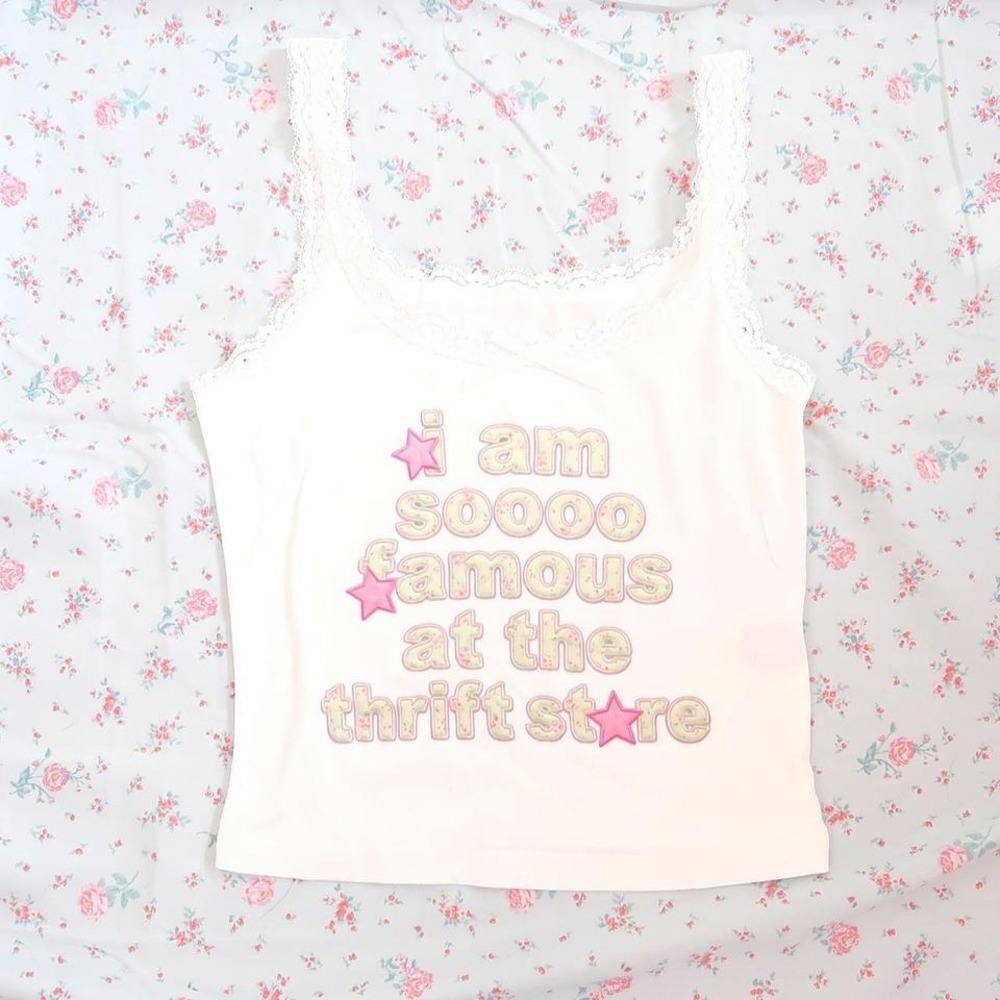i am so famous at the thrift store cami lace trim baby tee y2k